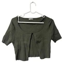 オリーブグリーン 半袖 ショート丈 リブ カーディガン