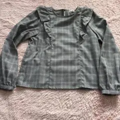 新品　レディースフリル付きグレー系チェックシャツ　M