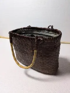 人気美品☆自然竹編み上げカゴバック手作り藤バックバスケットハンドル