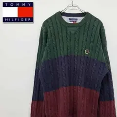 90s トミー ヒルフィガー ニット 刺繍 セーター マルチボーダー L 古着