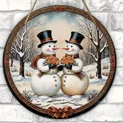 雪だるまカップルの木製ウェルカムボード