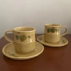 美品】織部 美濃焼 陶彩 コーヒーカップソーサーセット2客 未使用 箱