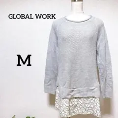 グローバルワーク　ラウンドネックニット　セーター　チュニック　レース　春秋