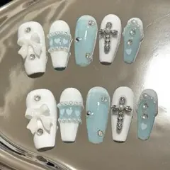 ネイルチップ十字架地雷系量産型バレリーナ韓国リボンニュアンスワンホンバレエコア