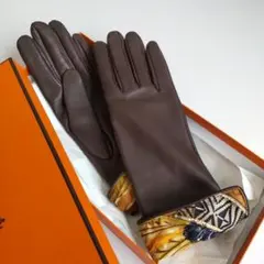 未使用級 エルメス レザー 手袋 ロング グローブ 内側シルク スカーフ柄 茶色のサムネイル