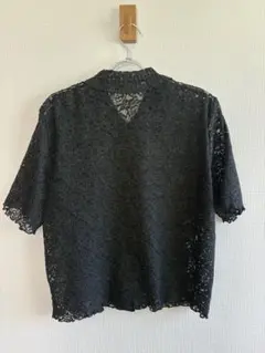 総レース 半袖 黒 ブラウス 透け感 レトロ ヴィンテージ 春夏 開襟シャツ
