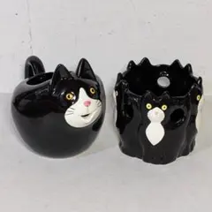 お洒落 猫 ねこ 鉢カバー＆じょうろ 陶器製 黒猫 観葉植物 割れ欠け無し