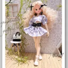 571 リカちゃん服　チェック柄オープンショルダートップス　セットアップ3点