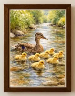 【水彩画アート】カモ親子の大移動　2L版写真用紙