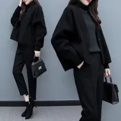 ブラックニットパンツスーツ