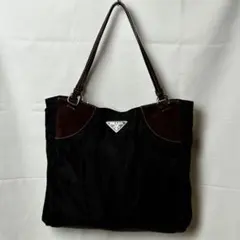 PRADA ナイロン×スエード トートバッグ ブラック ブラウン ロゴプレー