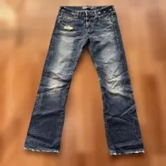 ZEN ダメージ加工 ダークブルーブーツカットデニム サイズ27 和柄