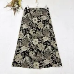 ロングフレアスカート 日本製 花柄 リネンライク Aライン 総柄 上品 M相当のサムネイル