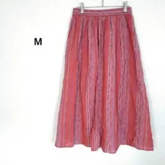 ロングスカート◉フレア ピンク ストライプ エスニック 綿混 フェミニン 涼しい