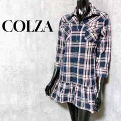 [COLZA] シャツワンピース ロングシャツ チェック柄 ピンク ネイビー M