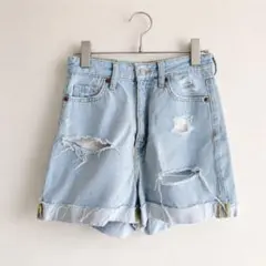 H&M ＆DENIM ダメージ 加工 ハイウエスト ショート デニムパンツ