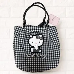新品タグ付き♡ハローキティ　ロープ編みバッグ　トートバッグ　ギンガムチェック　黒のサムネイル
