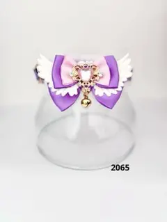 2065.猫首輪 パープル＆ピンク サテンリボン コットンフリル 羽