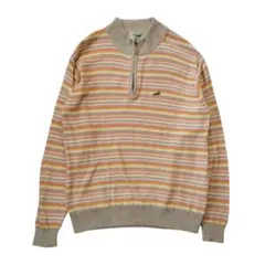 メンズ クロコダイル ハーフジップ ボーダー 綿 ニット オレンジ 黄 ベージュ