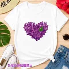 パープルフラワー♡ハートTシャツ・M♡ハワイアン フラ♡紫白 花 おしゃれのサムネイル
