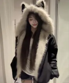 ふわふわ猫耳フード付きルーズジップブルゾン