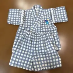 kimono cafe ベビー甚平 青白チェック柄 恐竜刺繍80cm