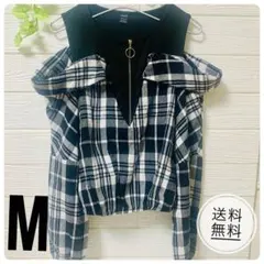 SHEIN チェック柄ドッキングトップス M オフショル風 ジップデザイン