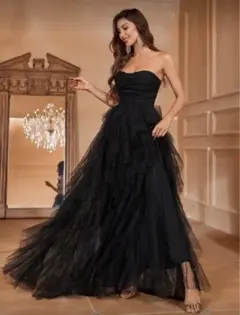 ブラックドレス ウェディングドレス チュールスカート スリーブ付