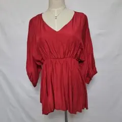 レディース　ギャザーブラウス　チュニック　XXL 赤　ドルマンスリーブ　薄手