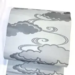 名古屋帯　正絹　雲　観世水　流水　グレー　着物　074tz