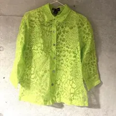 古着屋購入　 シアーシャツ　レース 五分袖 シャツ　ネオンカラー　黄緑
