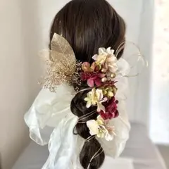 紫陽花とミニリボンの髪飾り　金箔　水引付き　結婚式　成人式　振袖　カシスレッド