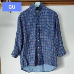 青系チェック ボタンダウンシャツ ネルシャツ　七分袖