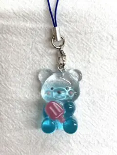 【レジン】くまさんストラップ　ブルー　アイスキャンディー
