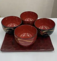 漆器椀4個 ＋ お盆 セット 赤黒 花模様