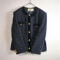ノーカラージャケット 15(3L) ツイード 金ボタン 肩パットあり 紺色 古着