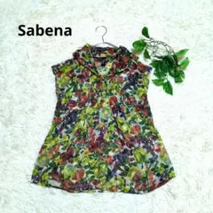 美品《Sabena》サベナ 花柄シアーブラウス ノースリーブ リボンタイ 日本製