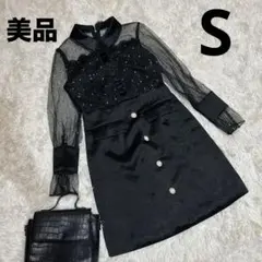 キラキララメチュール 襟付きサテンミニワンピース 異素材切替 ブラック Sサイズ