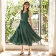 JUSGLITTY ノースリーブ フレアワンピース グリーン