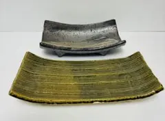 陶器 長皿 足付き2枚セット 和食器のサムネイル
