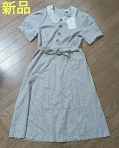 レース襟付きブロックチェック柄ワンピース 半袖　ベージュ　ガーリー　レトロ