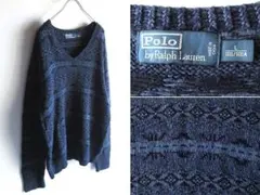 ラルフローレン コットンシルクリネン ネイティブ柄 Vネックニット L