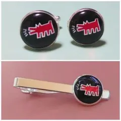 キースヘリング　犬　カフスボタン＆ネクタイピンセット　ブラック