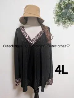 4L♡新品大きいサイズ♡お洒落な♡ヒョウ柄切り替え♡アイレット刺繍プルオーバー