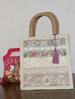 インド刺繍リボンコットンバック 手作りタッセル付き