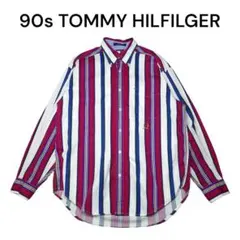 90s TOMMY HILFILGER　総柄　ストライプ　長袖BDシャツ　トミー