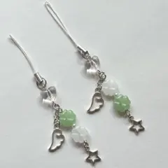 ビーズキーホルダー グリーン 白 ハート クローバー 韓国 平成 y2k