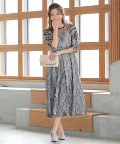 新品 未使用 グレー×黒 Sサイズ ワンピース 高級感 刺繍