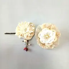 私の手作り/つまみ細工アイボリー/クリップ&ヘアーピンセット/古布