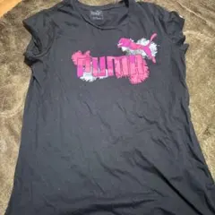 PUMA ブラック ロゴプリント Tシャツ XL